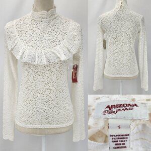 New Arizona Womens Small Cream Frilly Ruffled Open Lace Mock Neck Victorian Top